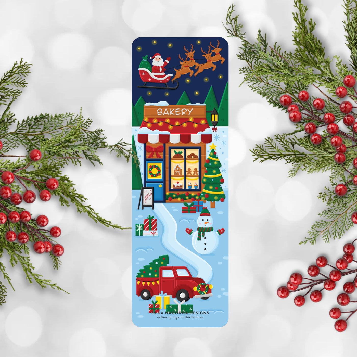 Christmas-themed product packaging with festive elements on a snowy background.
