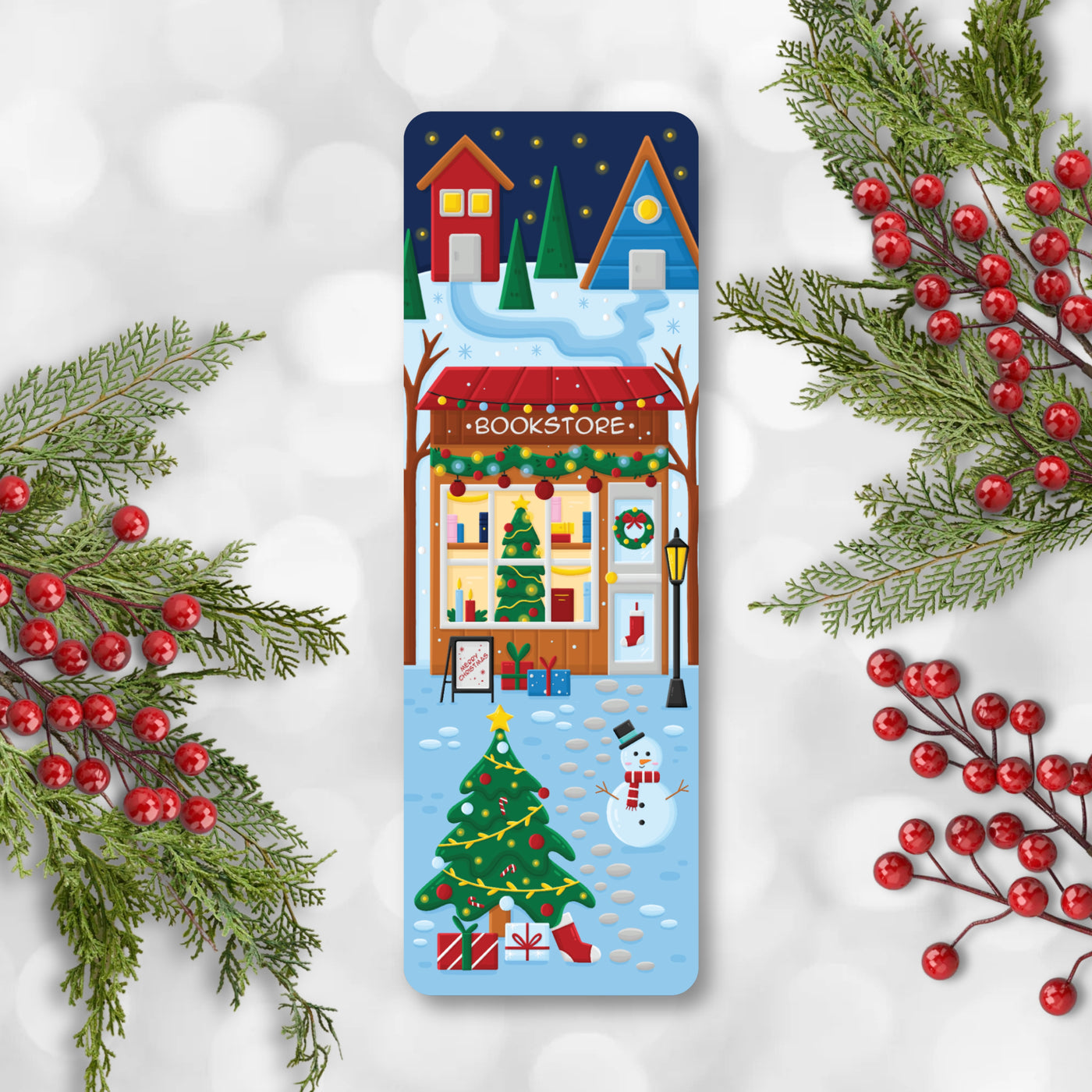 Christmas-themed bookmark with a store, tree, and snowman design, surrounded by festive decorations.
