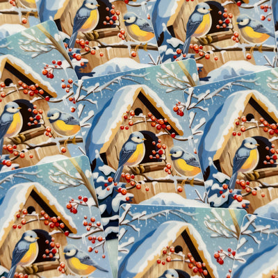 Pattern of birds and birdhouses with berries on a blue background.