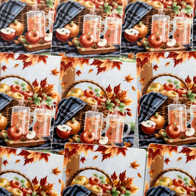 Collage of autumn-themed placemats with mugs, apples, and leaves.