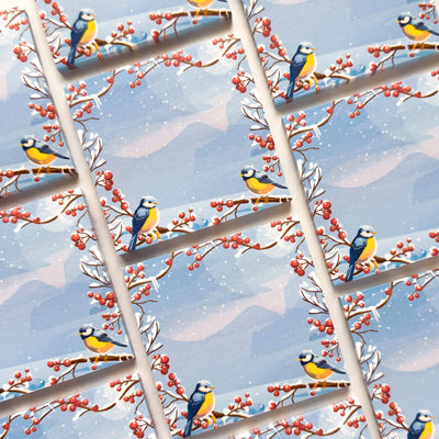 Illustration of birds perched on branches with red berries against a light blue sky.