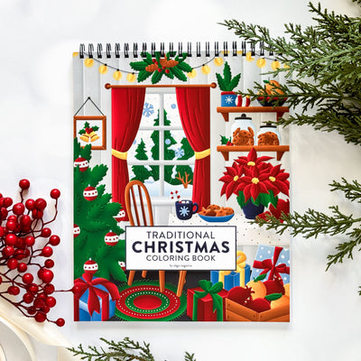 Coloring book cover with Christmas-themed illustrations on a white background.