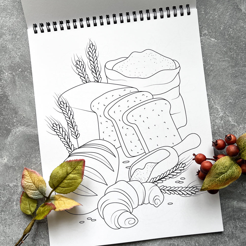 For all the bakers and foodies! A coloring book filled with bread, desserts and beverages, inspired by my food blog Olga in the Kitchen. The perfect quality time activity for you and your kids. This book features 20 unique, line art drawings, spiral-bound for easy coloring of each page, and is single-sided to prevent bleeding onto the next page when coloring with markers.