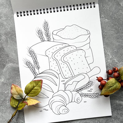 For all the bakers and foodies! A coloring book filled with bread, desserts and beverages, inspired by my food blog Olga in the Kitchen. The perfect quality time activity for you and your kids. This book features 20 unique, line art drawings, spiral-bound for easy coloring of each page, and is single-sided to prevent bleeding onto the next page when coloring with markers.