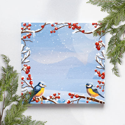 Winter scene with birds and berries on a snowy landscape, framed by greenery.