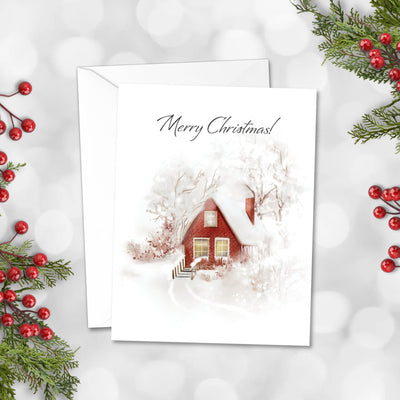 Christmas card with a red house in the snow, surrounded by holly berries and greenery.