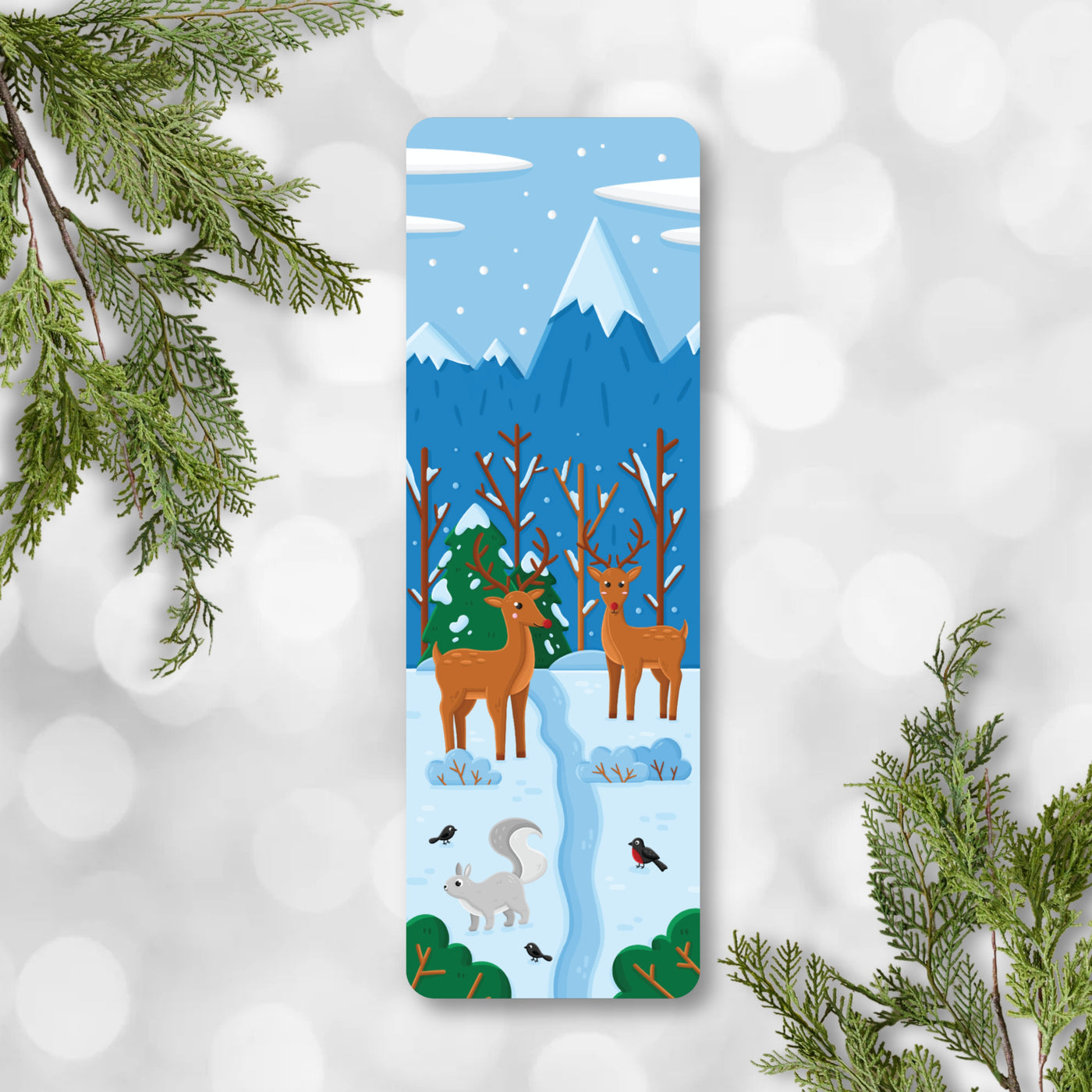 Winter scene with deer and nature elements on a blue background.