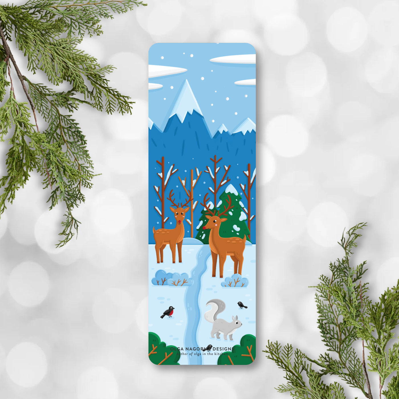 Winter scene with deer and nature elements on a blue background.