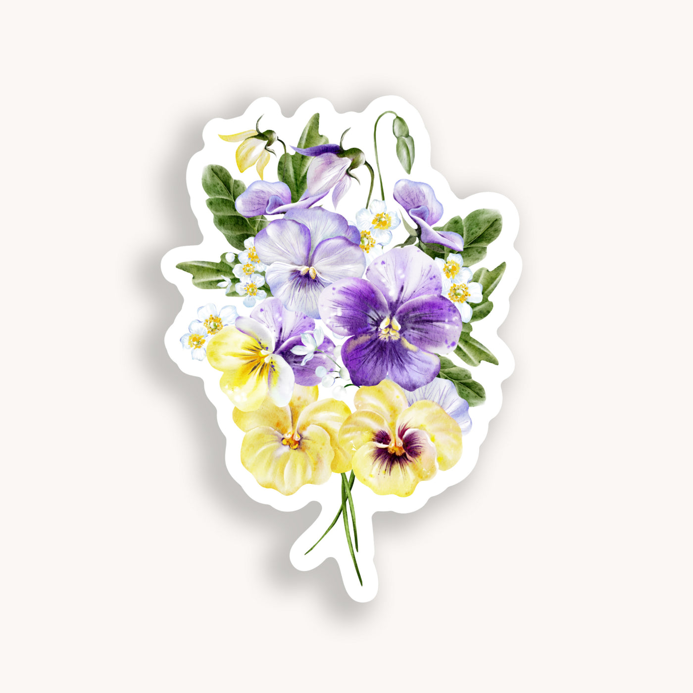 Sticker with purple and yellow flowers on a white background.