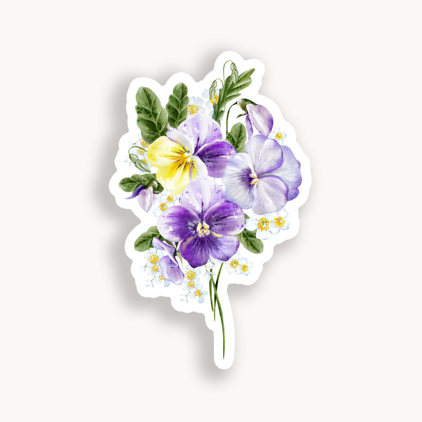 Sticker with a design of purple and yellow flowers on a white background.