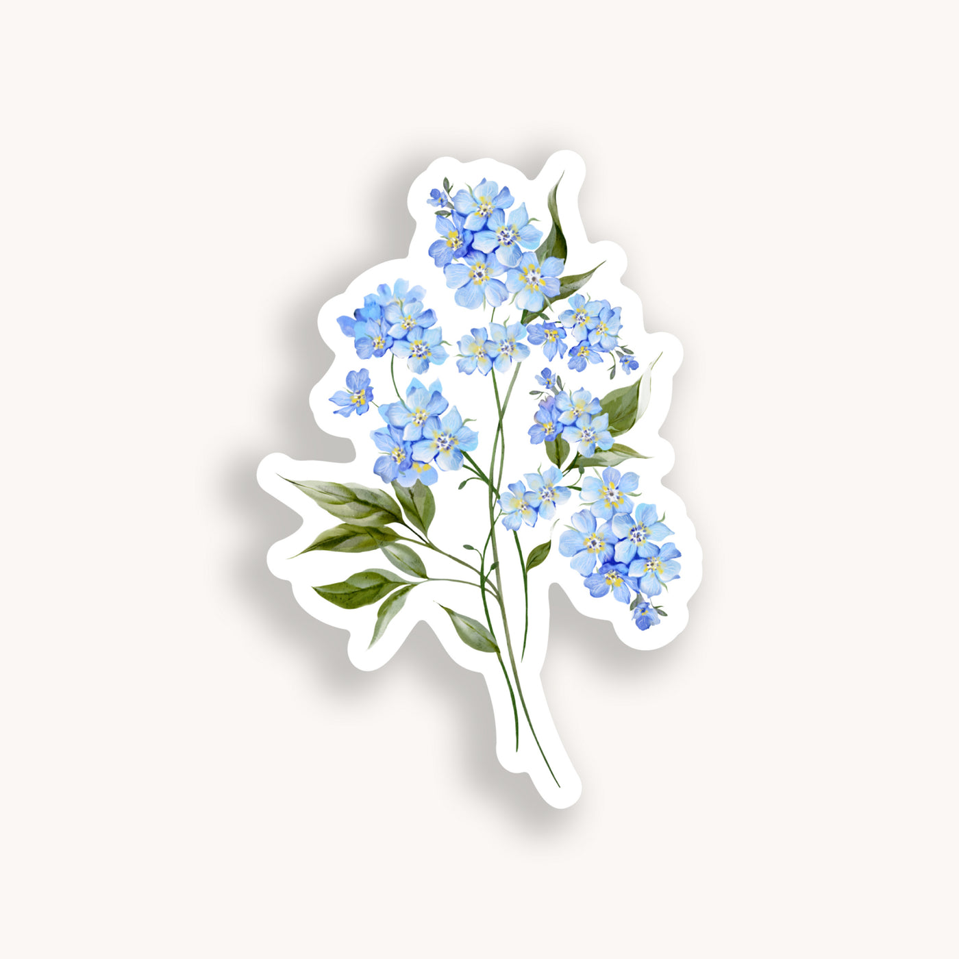 Sticker with blue flowers and green leaves on a white background.