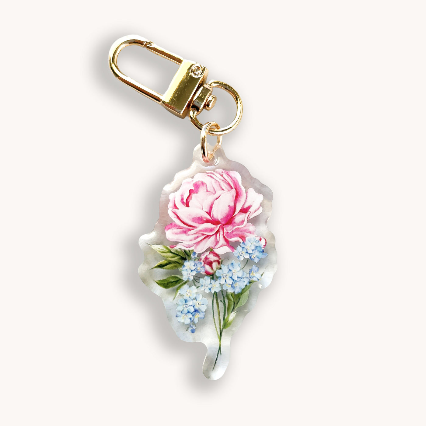 Pink Peony Blue Florals Keychain