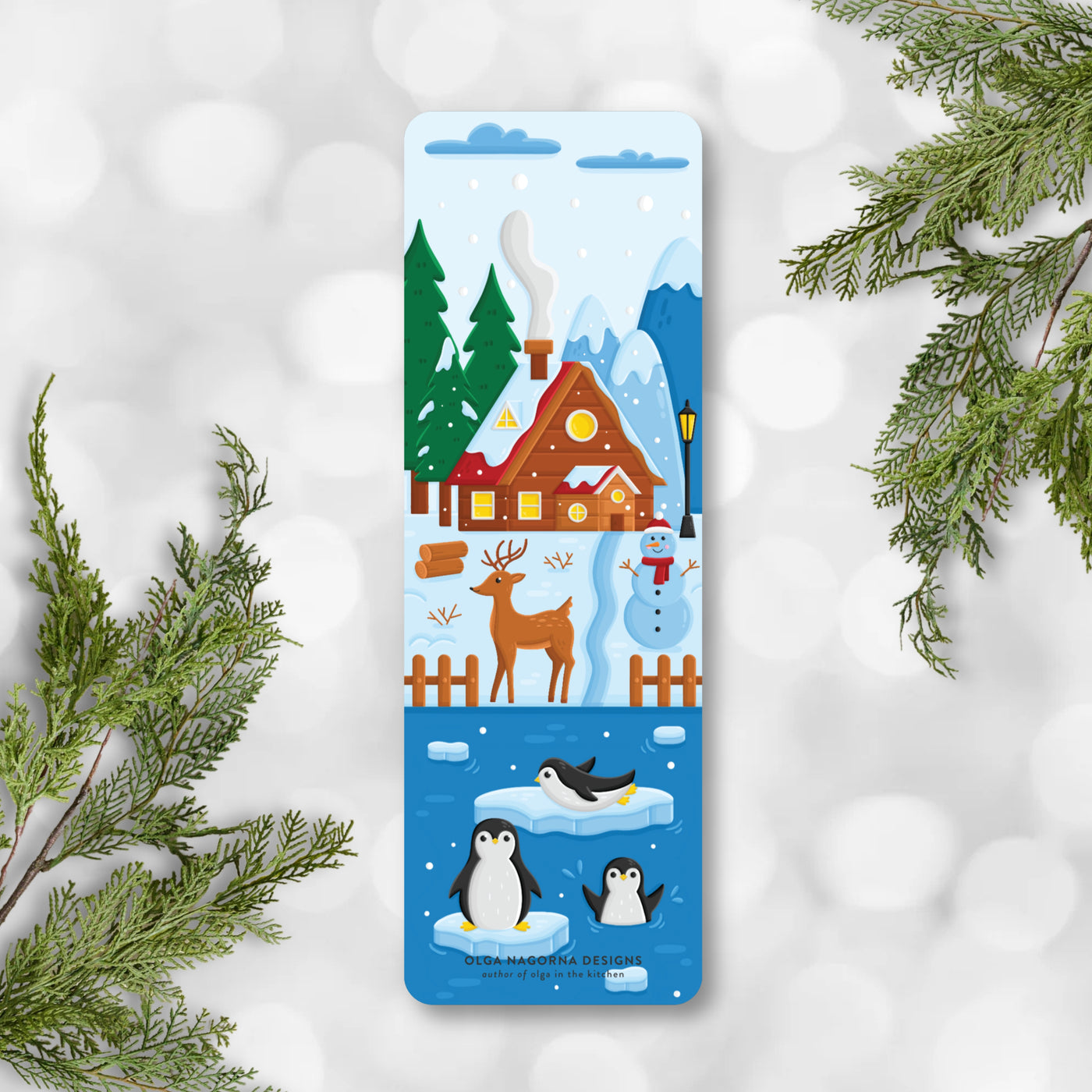 Winter-themed bookmark with penguins, a house, and trees on a snowy background