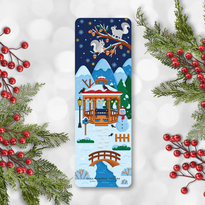 Winter-themed bookmark with snowy landscape and festive elements on a white background.