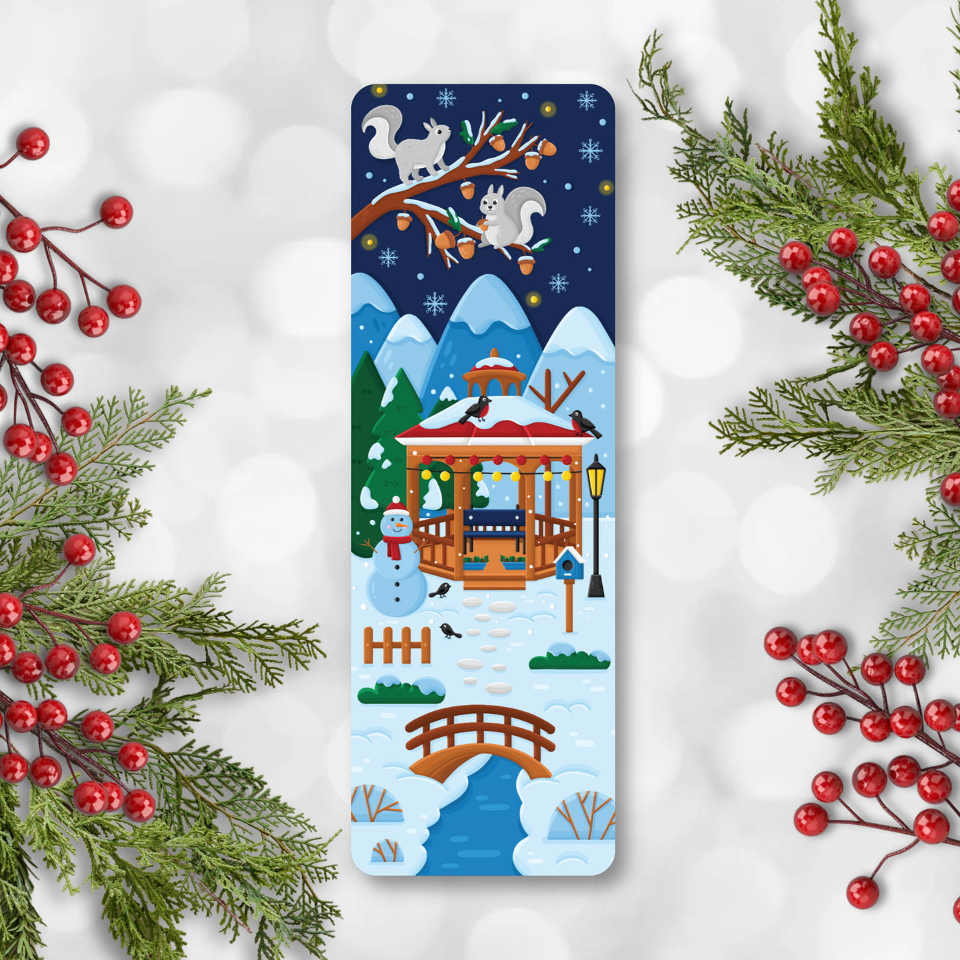 Winter-themed bookmark with snowy landscape and festive elements on a white background.